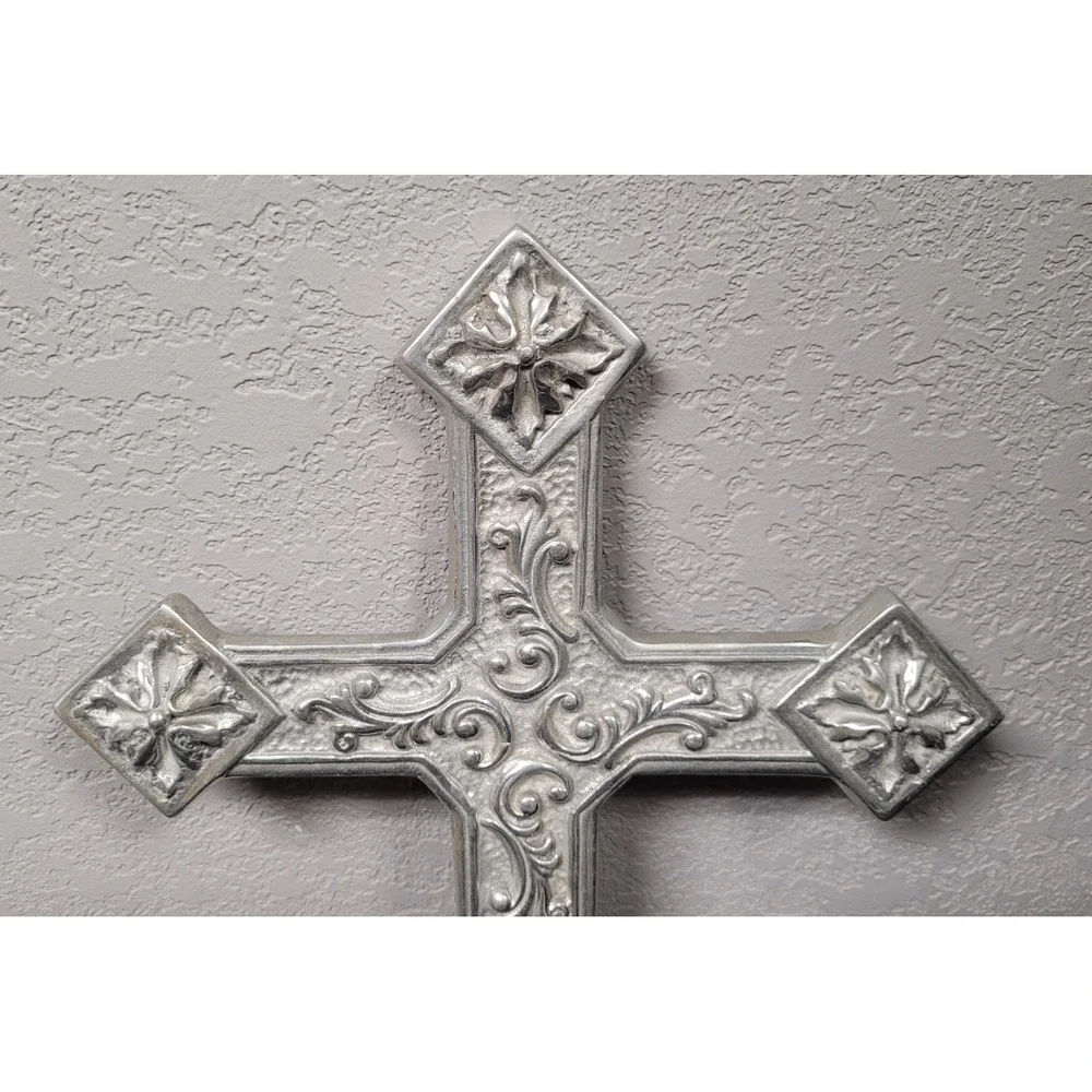 Vintage 1990s Mexican Pewter Wall Cross 13.5